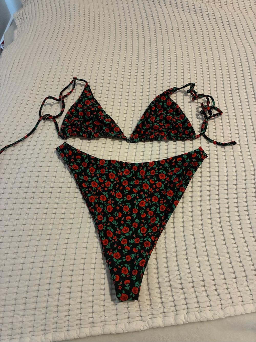 Skatie Black Floral String Bikini with Red Roses and Green Leaves